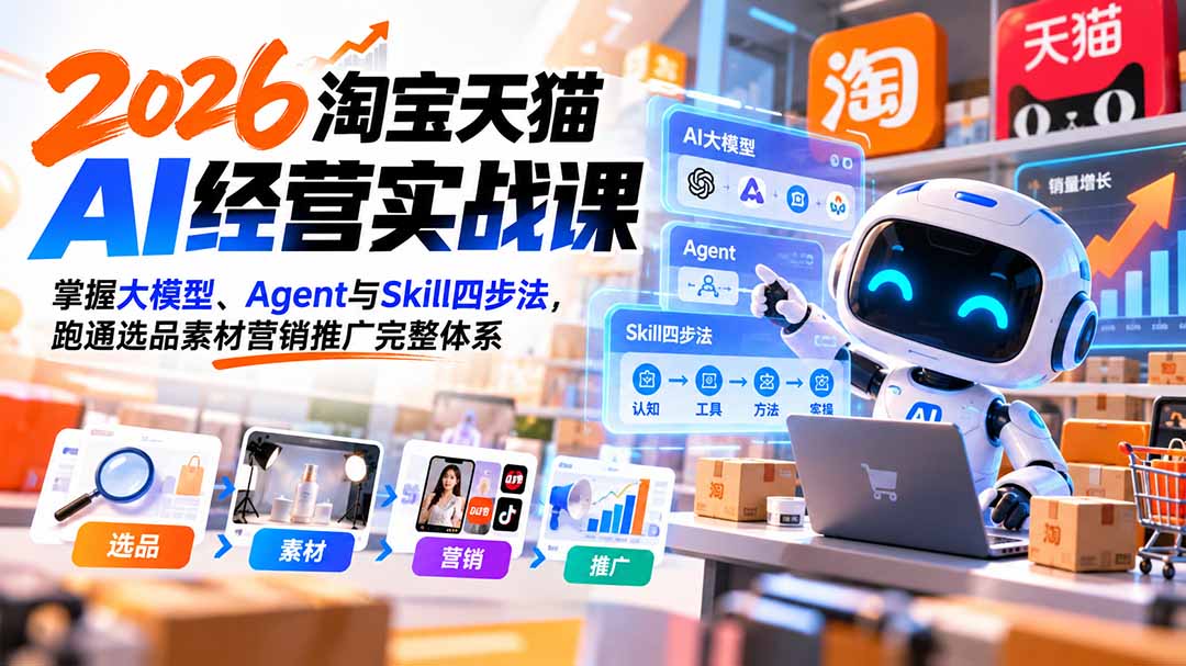 【无水印】2026淘宝天猫AI经营实战课：掌握大模型、Agent与Skill四步法，跑通选品素材营销推广完整体系-优优云创网