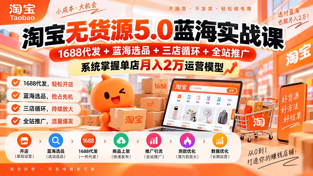 淘宝无货源5.0蓝海实战课-更新0927：1688代发+蓝海选品+三店循环+全站推广，系统掌握单店月入2万运营模型-优优云创网