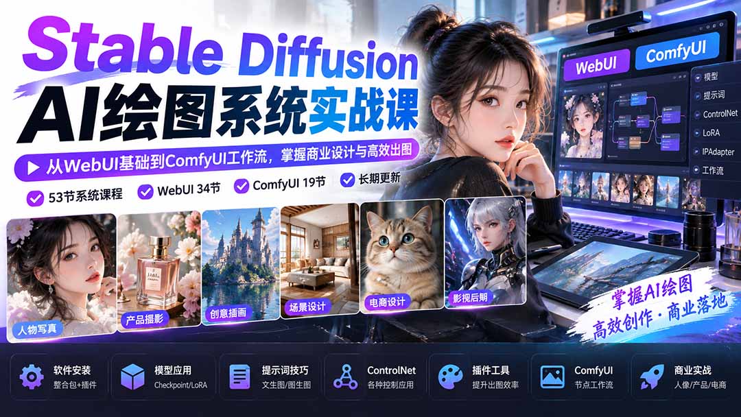 【无水印】Stable Diffusion AI绘图系统实战课：从WebUI基础到ComfyUI工作流，掌握商业设计与高效出图-优优云创网