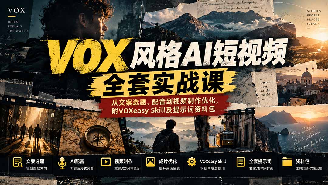 【无水印】VOX风格AI短视频全套实战课:从文案选题、配音到视频制作优化,附VOXeasy Skill及提示词资料包-优优云创网