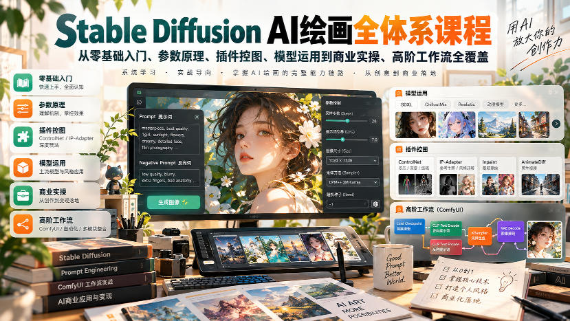 【无水印】Stable Diffusion AI绘画全体系课程，从零基础入门、参数原理、插件控图、模型运用到商业实操、高阶工作流全覆盖-优优云创网