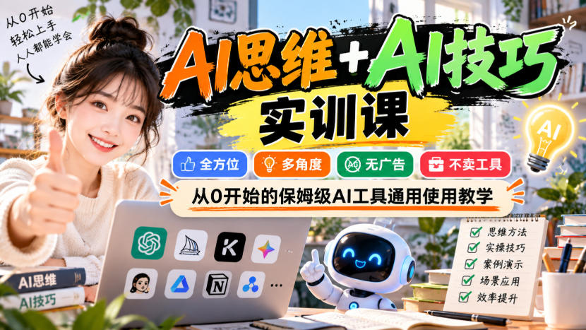 【无水印】AI思维+AI技巧实训课，全方位、多角度、无广告、不卖工具，从0开始的保姆级AI工具通用使用教学-优优云创网