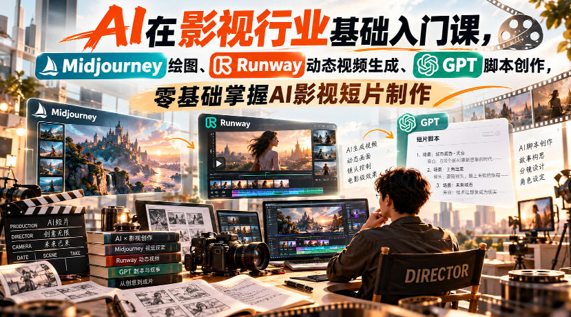 【无水印】AI在影视行业基础入门课，Midjourney绘图、Runway动态视频生成、GPT脚本创作，零基础掌握AI影视短片制作-优优云创网