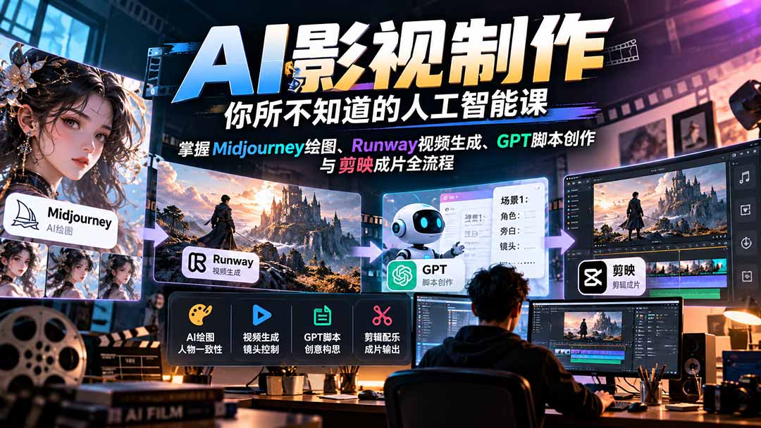 【无水印】AI影视制作-你所不知道的人工智能课，掌握Midjourney绘图、Runway视频生成、GPT脚本创作与剪映成片全流程-优优云创网