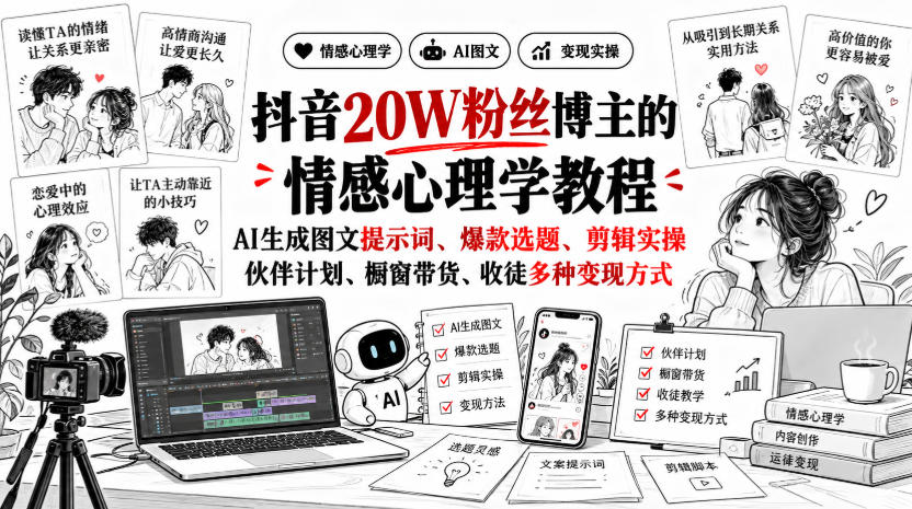 抖音20W粉丝博主静候心声的情感心理学教程，AI生成图文提示词、爆款选题、剪辑实操，伙伴计划、橱窗带货、收徒多种变现方式-优优云创网