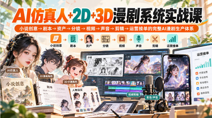 20260927222032547-0f84f13fe924eb4d1d7104ab387fc88e 【无水印】AI仿真人+2D+3D漫剧系统实战课,小说创意→剧本→资产→分镜→视频→声音→剪辑→运营接单的完整AI漫剧生产体系