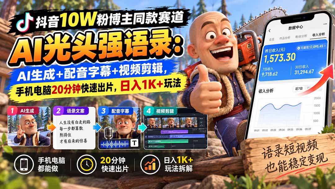 【无水印】抖音10W粉博主同款赛道AI光头强语录:AI生成+配音字幕+视频剪辑,手机电脑20分钟快速出片,日入1K+玩法-优优云创网