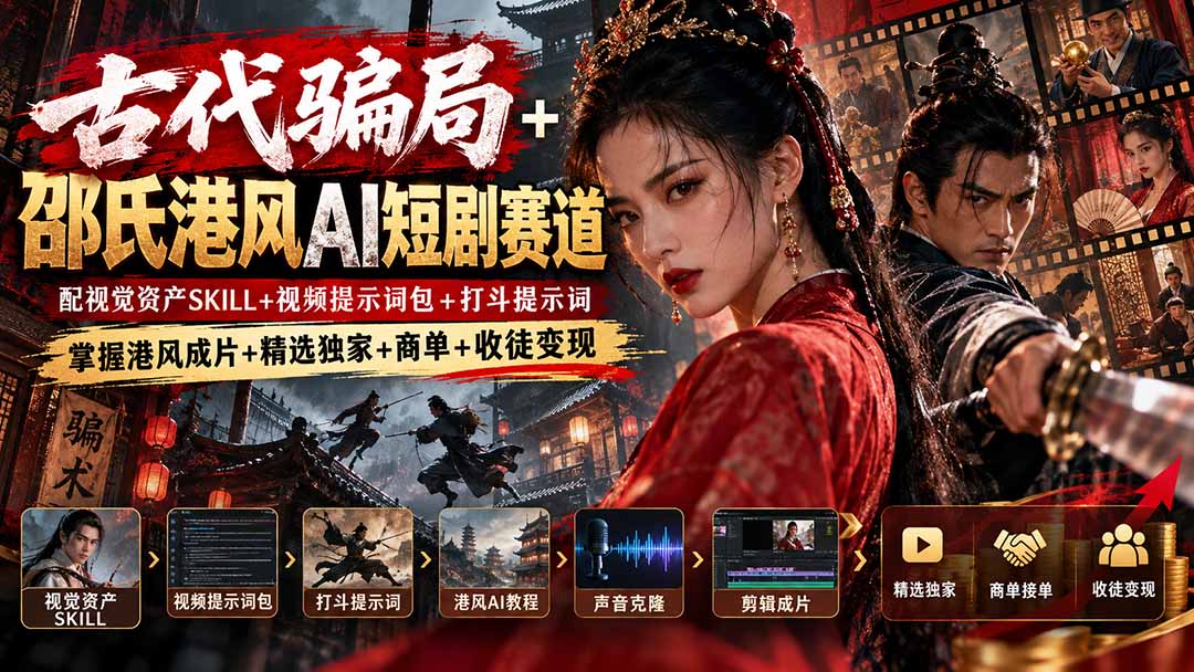 古代骗局+邵氏港风AI短剧赛道:配视觉资产SKILL+视频提示词包+打斗提示词,掌握港风成片+精选独家+商单+收徒变现-优优云创网