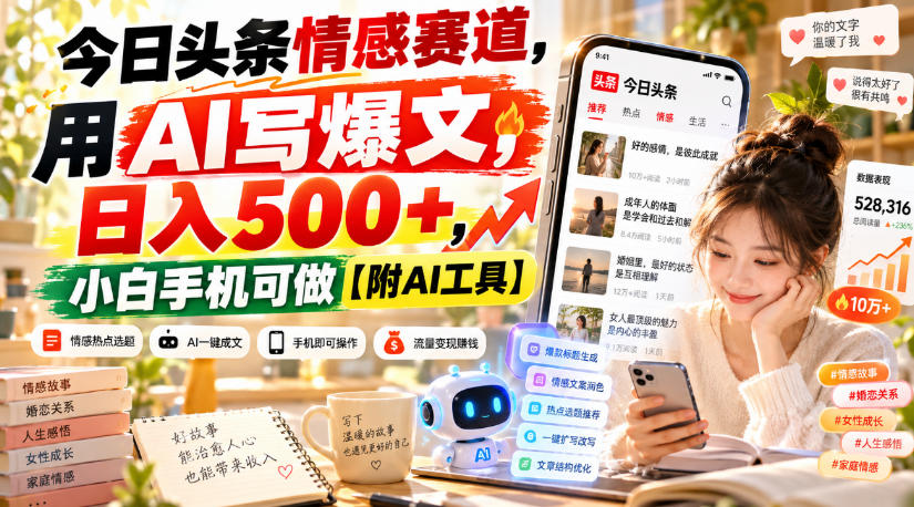 今日头条情感赛道，用AI写爆文，日入500+，小白手机可做【附AI工具】-优优云创网