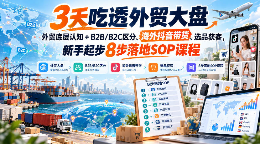 3天吃透外贸大盘,外贸底层认知+B2B/B2C区分、海外抖音带货、选品获客,新手起步8步落地SOP课程-优优云创网