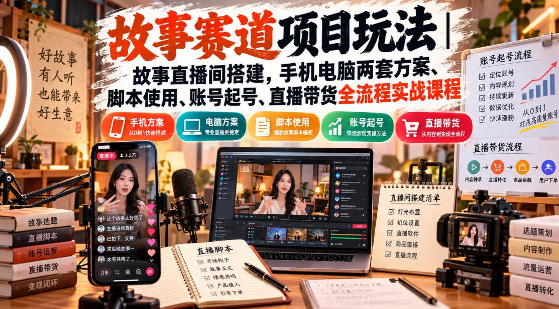 故事赛道项目玩法｜故事直播间搭建，手机电脑两套方案、脚本使用、账号起号、直播带货全流程实战课程-优优云创网