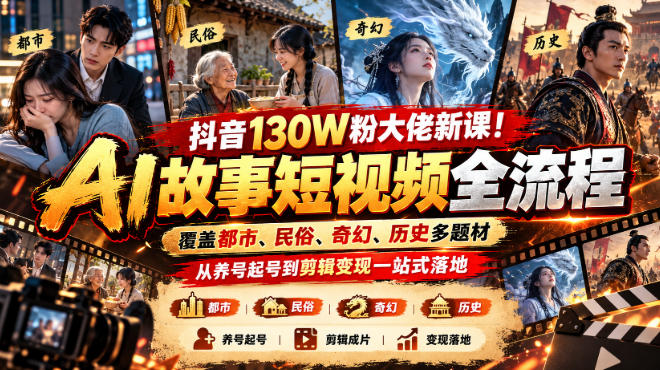 抖音130W粉大佬新课！AI故事短视频全流程，覆盖都市、民俗、奇幻、历史多题材，从养号起号到剪辑变现一站式落地-优优云创网