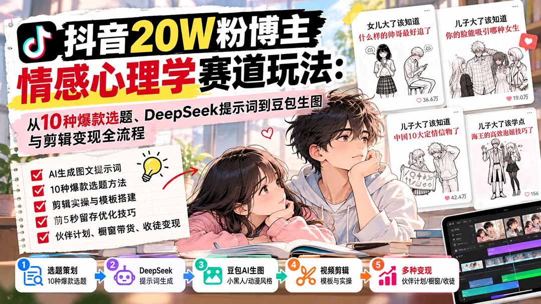 抖音20W粉博主-情感心理学赛道玩法：从10种爆款选题、DeepSeek提示词到豆包生图与剪辑变现全流程-优优云创网