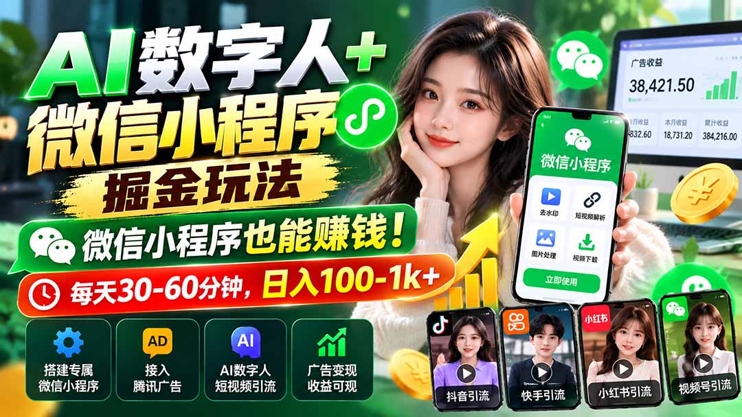 AI数字人+微信小程序掘金玩法：微信小程序也能赚钱！每天30-60分钟，日入100-1k+-优优云创网