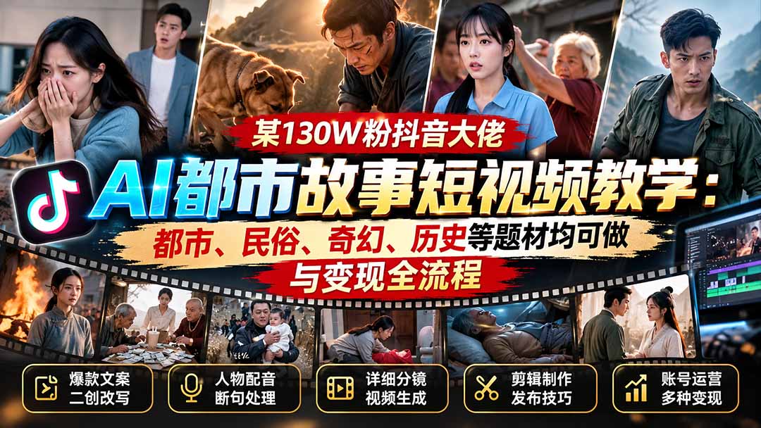 某130W粉抖音大佬AI都市故事短视频教学：都市、民俗、奇幻、历史等题材均可做与变现全流程-优优云创网