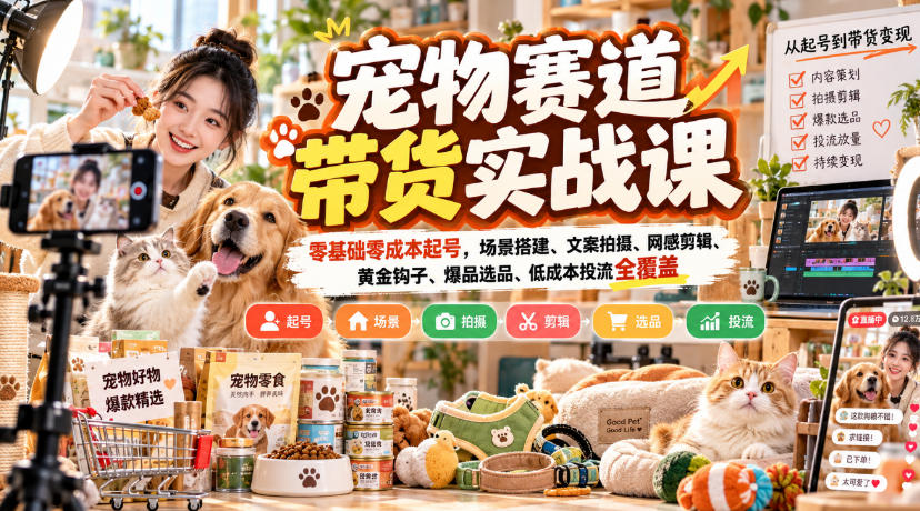 宠物赛道带货实战课，零基础零成本起号，场景搭建、文案拍摄、网感剪辑、黄金钩子、爆品选品、低成本投流全覆盖-优优云创网