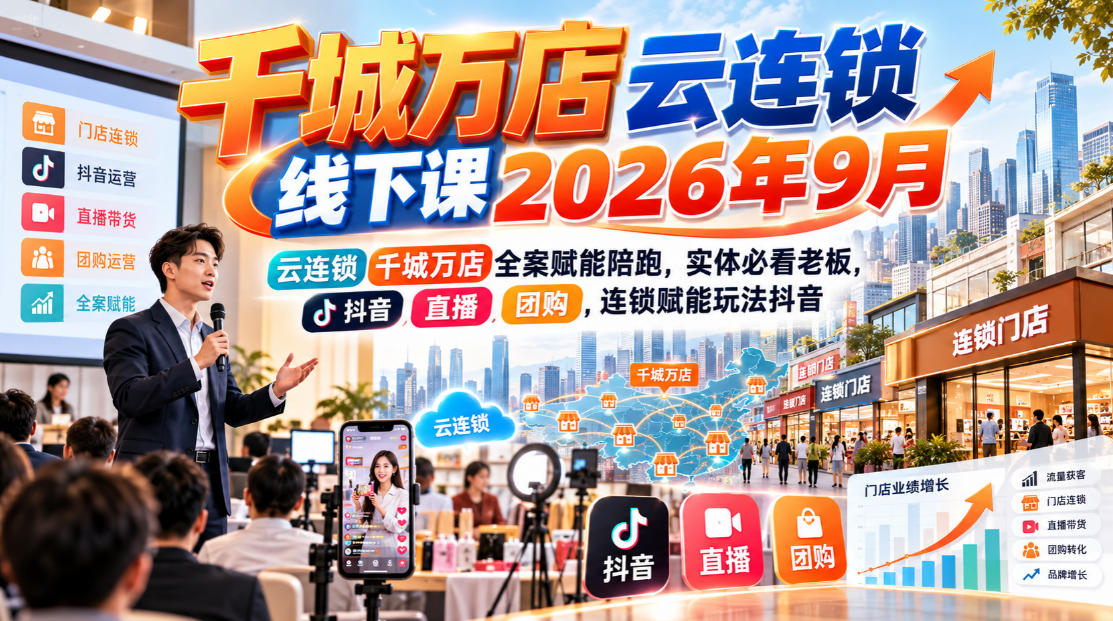 千城万店云连锁线下课2026年9月,云连锁千城万店全案赋能陪跑,实体必看老板,抖音,直播,团购,连锁赋能玩法抖音-优优云创网