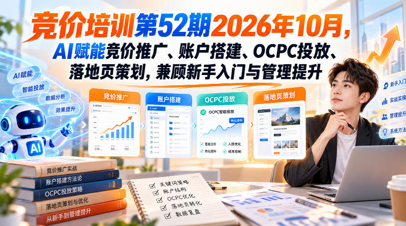 【无水印】竞价培训第52期2026年10月，AI赋能竞价推广、账户搭建、OCPC投放、落地页策划，兼顾新手入门与管理提升-优优云创网