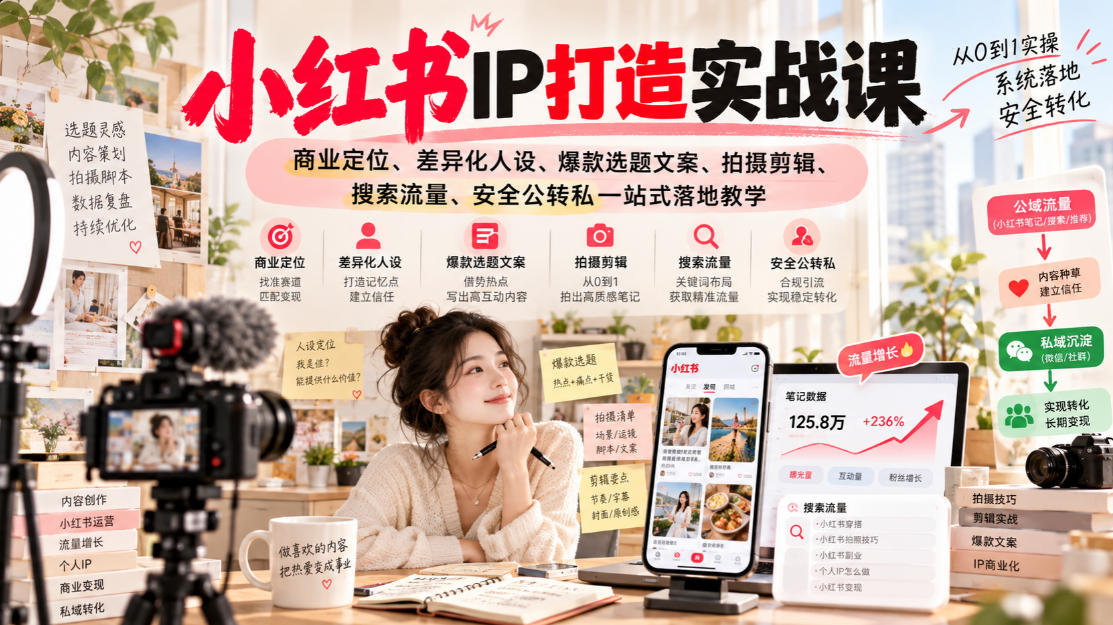 小红书ip打造实战课，商业定位、差异化人设、爆款选题文案、拍摄剪辑、搜索流量、安全公转私一站式落地教学-优优云创网