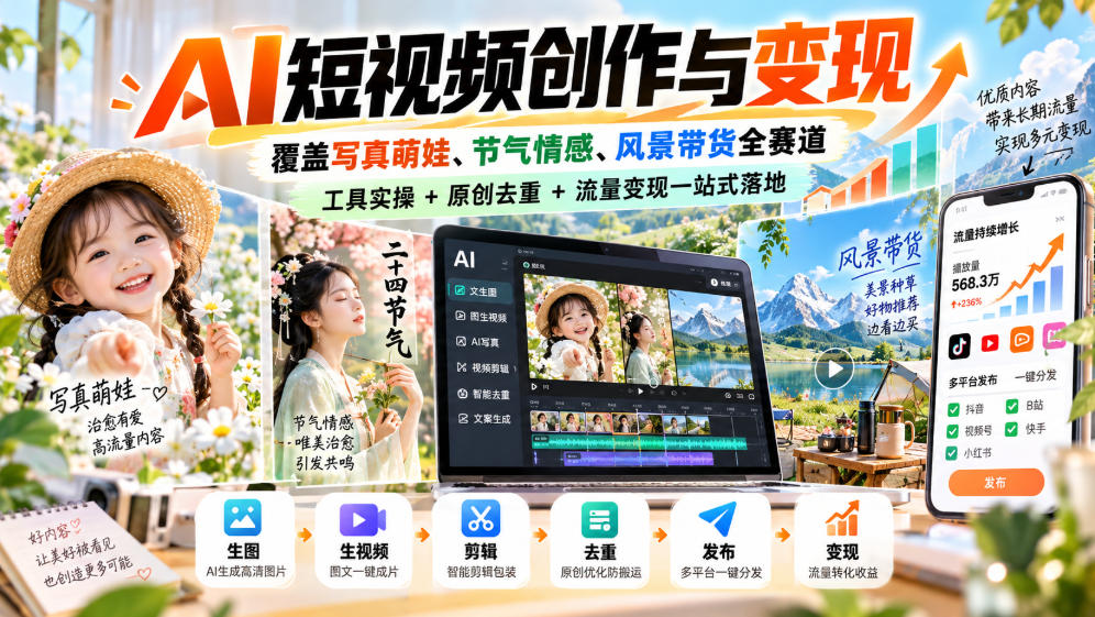 AI短视频创作与变现,覆盖写真萌娃、节气情感、风景带货全赛道,工具实操+原创去重+流量变现一站式落地-优优云创网