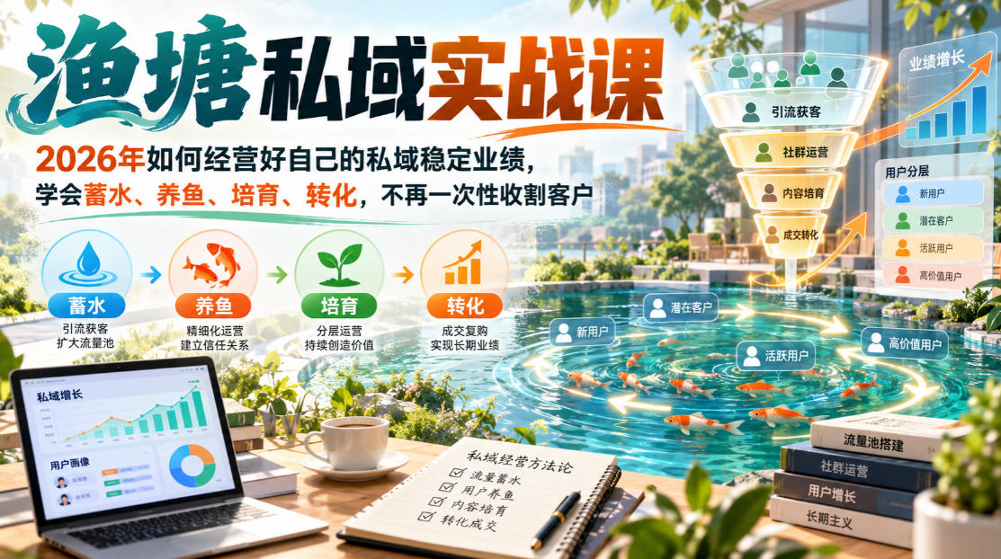 渔塘私域实战课,2026年如何经营好自己的私域稳定业绩,学会蓄水、养鱼、培育、转化,不再一次性收割客户-优优云创网