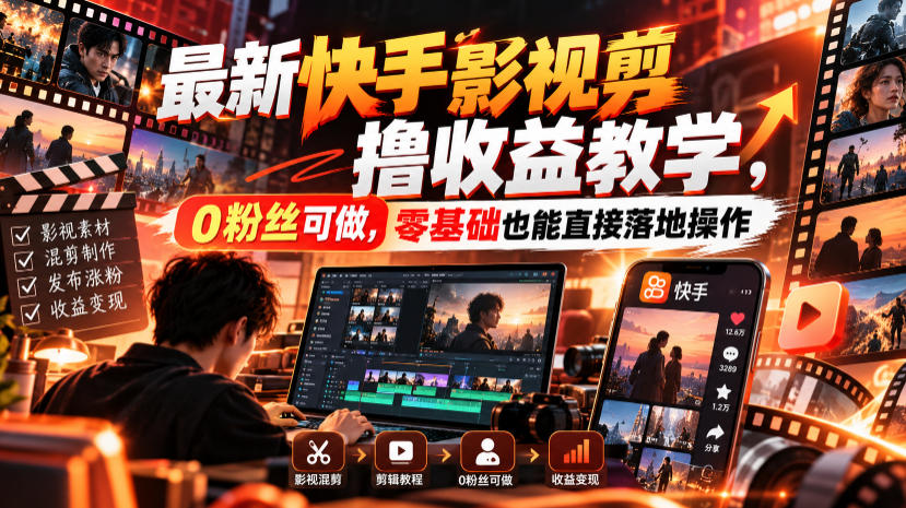 最新快手影视混剪撸收益教学，0粉丝可做，零基础也能直接落地操作-优优云创网