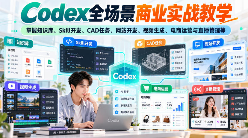 【无水印】Codex全场景商业实战教学，掌握知识库、Skill开发、CAD任务、网站开发、视频生成、电商运营与直播管理等-优优云创网