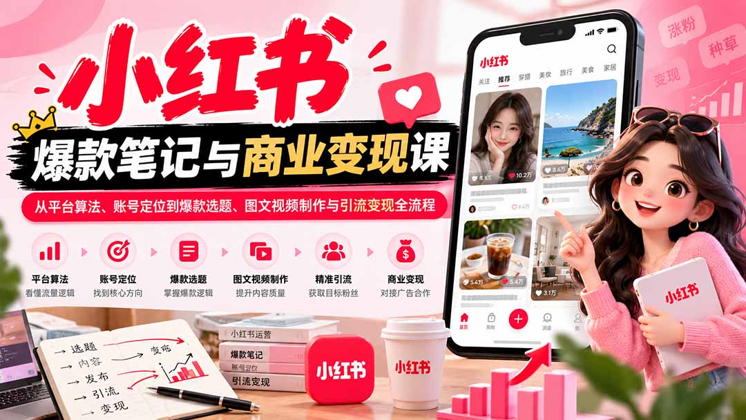 2026小红书爆款笔记与商业变现课：从平台算法、账号定位到爆款选题、图文视频制作与引流变现全流程-优优云创网