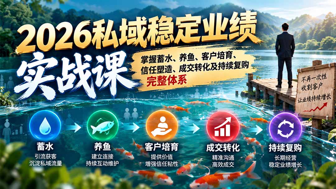 2026私域稳定业绩实战课:掌握蓄水、养鱼、客户培育、信任塑造、成交转化及持续复购完整体系-优优云创网