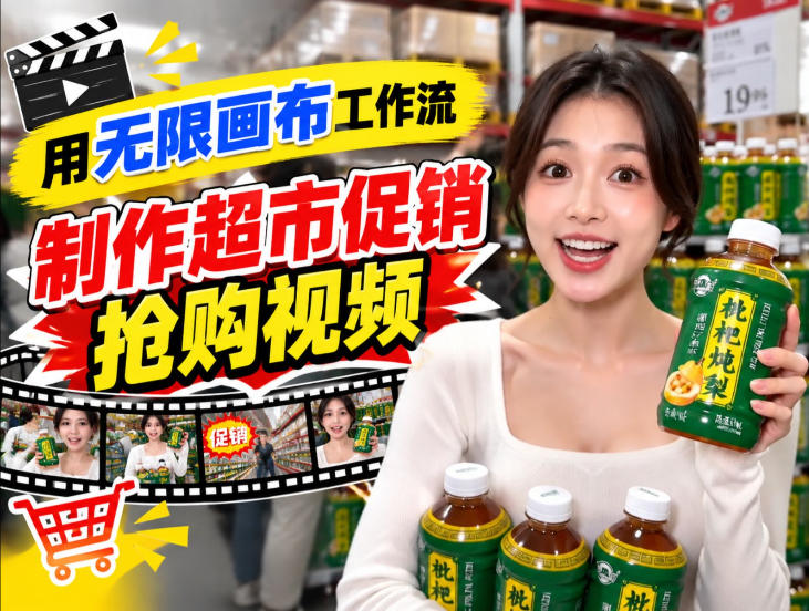 无限画布超市促销抢购视频工作流,一键产出TikTok抖音带货短视频-优优云创网
