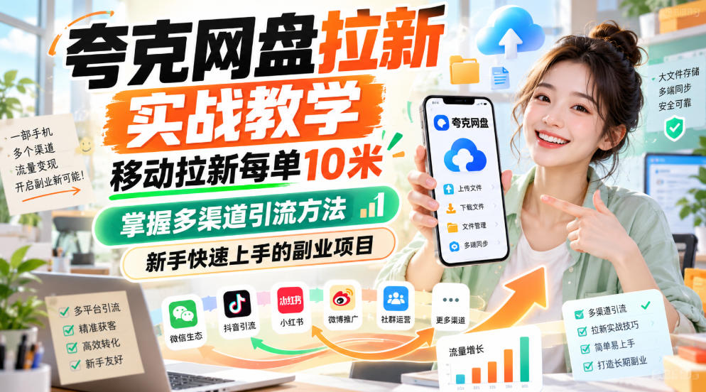 夸克网盘拉新实战教学,移动拉新每单10米,掌握多渠道引流方法,新手快速上手的副业项目(更新0929)-优优云创网