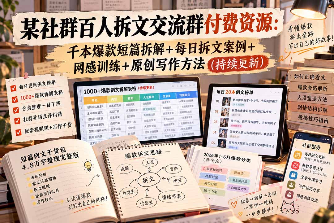 某社群百人拆文交流群付费资源-更新0929:千本爆款短篇拆解+每日拆文案例+网感训练+原创写作方法-优优云创网