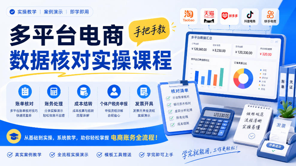 多平台电商数据核对实操课程,手把手教账单核对、账务处理、成本结转、个体户税务申报与发票开具-优优云创网