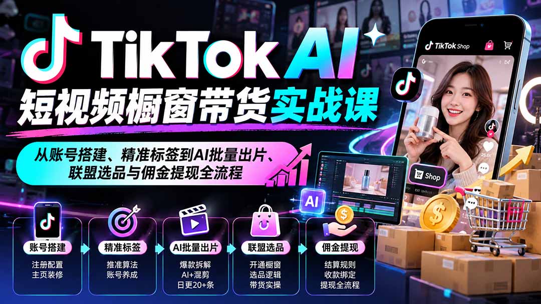 TikTok AI短视频橱窗带货实战课:从账号搭建、精准标签到AI批量出片、联盟选品与佣金提现全流程-优优云创网