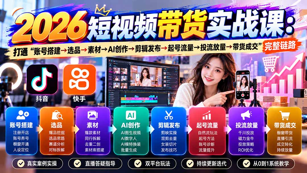 2026短视频带货实战课9月:打通“账号搭建→选品→素材→AI创作→剪辑发布→起号流量→投流放量→带货成交”完整链路-优优云创网