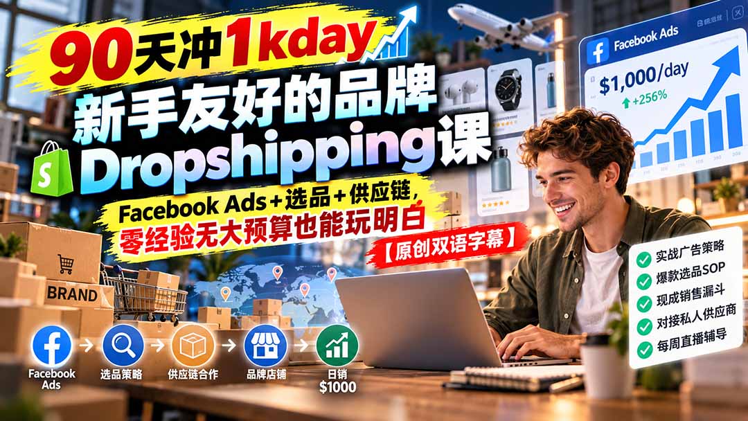 90天冲1kday 新手友好的品牌Dropshipping课:Facebook Ads+选品+供应链,零经验无大预算也能玩明白【原创双语字幕】-优优云创网