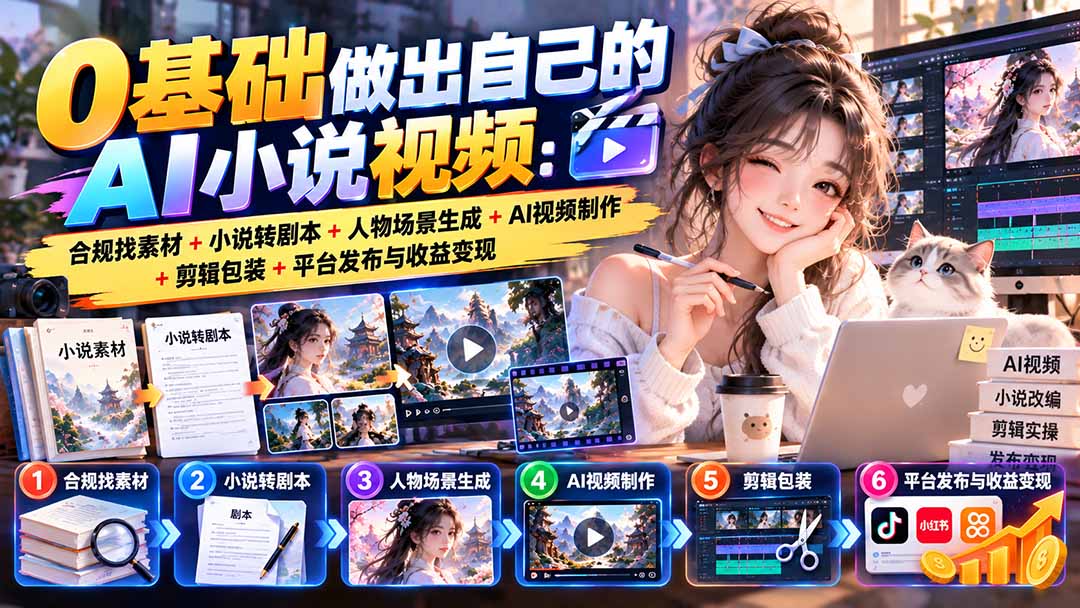 0基础做出自己的AI小说视频：合规找素材+小说转剧本+人物场景生成+AI视频制作+剪辑包装+平台发布与收益变现-优优云创网