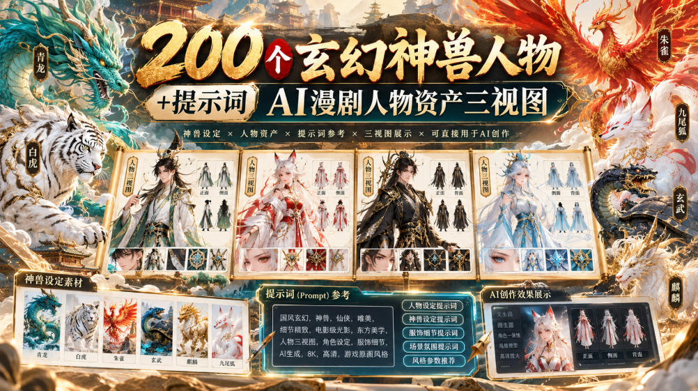 20261001122333564-3f04e59705f1a8e3cae4e438e3d994bf 200个玄幻神兽人物+提示词ai漫剧人物资产三视图