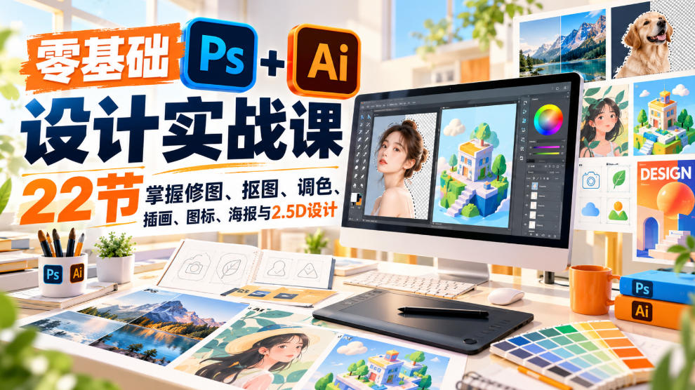 【无水印】零基础PS+AI设计实战课｜22节掌握修图、抠图、调色、插画、图标、海报与2.5D设计-优优云创网