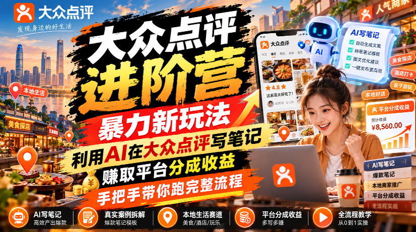 大众点评进阶营,暴力新玩法,利用AI在大众点评写笔记, 賺取平台分成收益,手把手带你跑完整流程-优优云创网