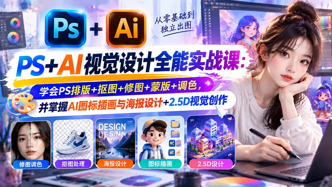 【无水印】PS+AI视觉设计全能实战课:学会PS排版+抠图+修图+蒙版+调色,并掌握AI图标插画与海报设计+2.5D视觉创作-优优云创网
