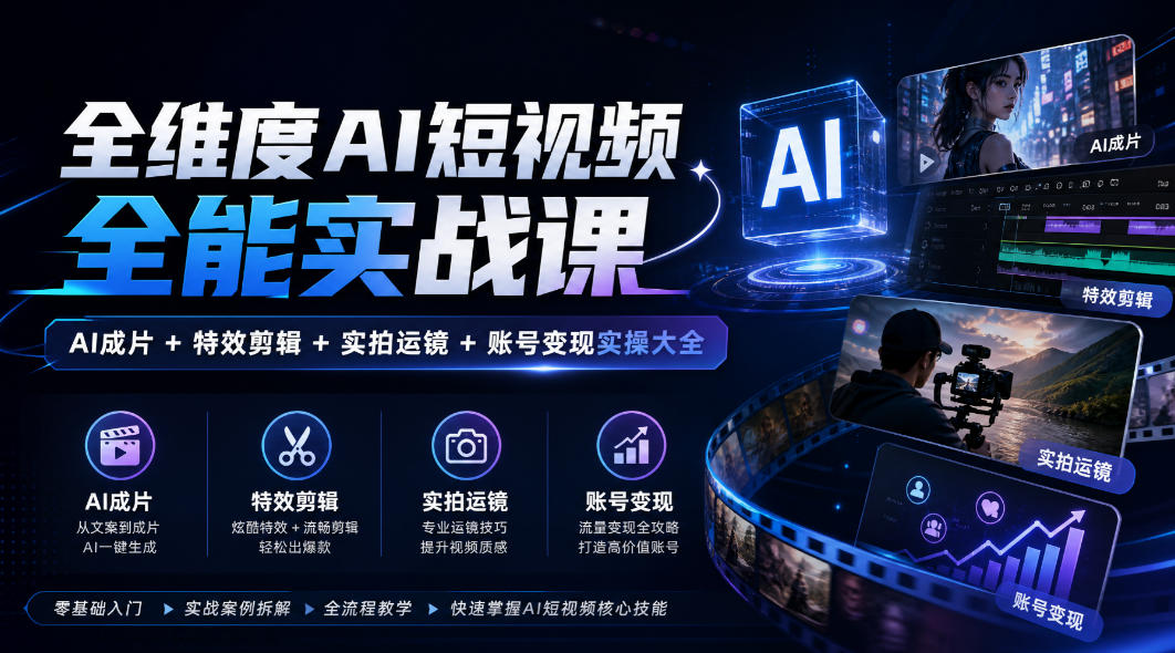 20261002120448115-ca8bdfc28e462f818e2528a591b4cc2b 全维度AI短视频全能实战课,AI成片+特效剪辑+实拍运镜+账号变现实操大全
