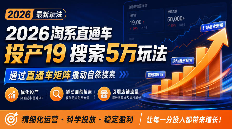 2026淘系直通车投产19搜索5万玩法，通过直通车矩阵撬动自然搜索，帮助商家优化投产，引爆店铺搜索流量-优优云创网