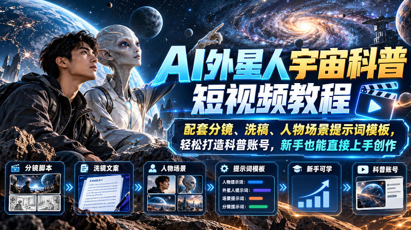 AI外星人宇宙科普短视频教程,配套分镜、洗稿、人物场景提示词模板,轻松打造科普账号,新手也能直接上手创作-优优云创网