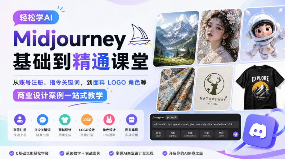 轻松学AI Midjourney基础到精通课堂,从账号注册、指令关键词,到面料LOGO角色等商业设计案例一站式教学-优优云创网