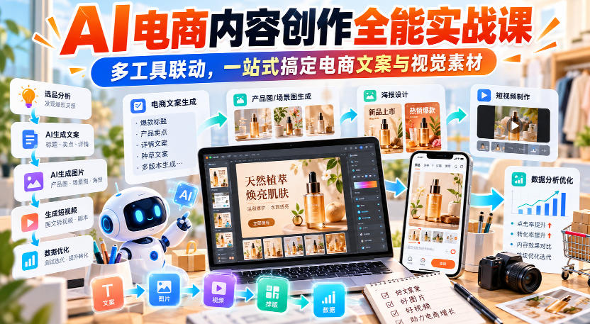 【无水印】AI电商内容创作全能实战课|多工具联动,一站式搞定电商文案与视觉素材-优优云创网