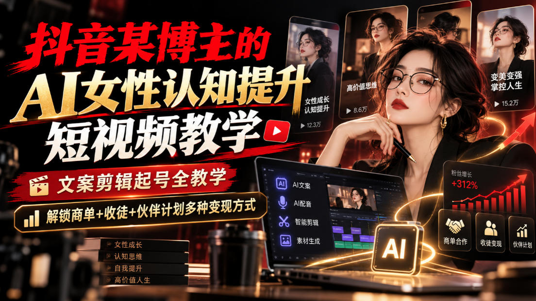 抖音某博主的Ai女性认知提升短视频教学,文案剪辑起号全教学,解锁商单+收徒+伙伴计划多种变现方式-优优云创网