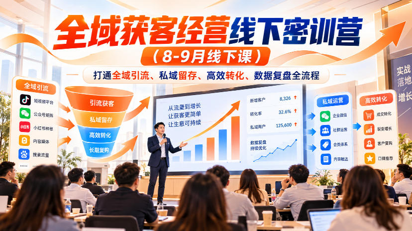 全域获客经营线下密训营(8-9月线下课),打通全域引流、私域留存、高效转化、数据复盘全流程-优优云创网
