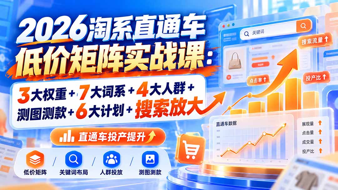 2026淘系直通车低价矩阵实战课：3大权重+7大词系+4大人群+测图测款+6大计划+搜索放大-优优云创网