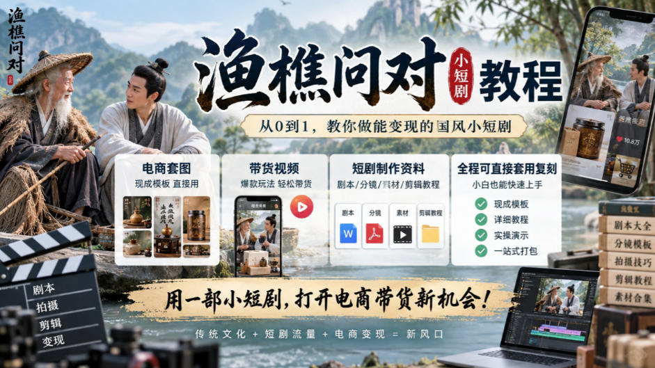 渔樵问对小短剧教程，包含电商套图、带货视频，短剧制作资料，全程可直接套用复刻-优优云创网